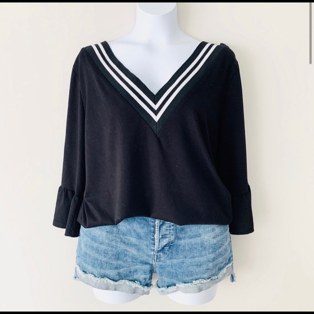 Anthropologie W5 Black Deep V Neck Bell Sleeve Top